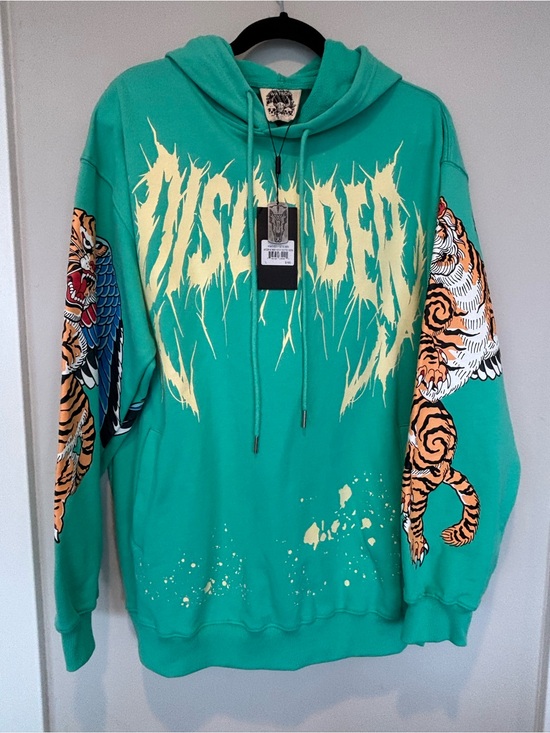 Watson Other - Turquoise Graphic Hoodie with Cream Script and Tiger Sleeve Prints